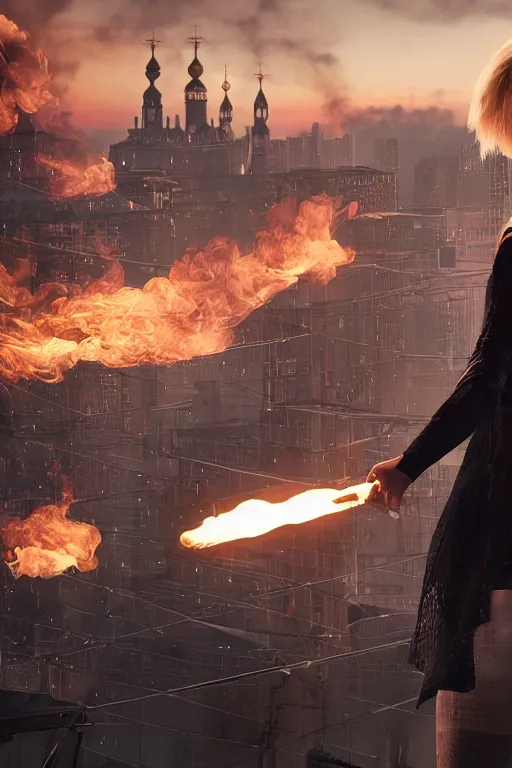 Prompt: in the foreground Saint Petersburg, in the background a magnificent young blonde woman from behind playing with flames coming out of her hands wearing a long matrix-style jacket, realistic, high definition, many details, dramatic scene, symmetrical face, realistic eyes, cyberpunk art 2077