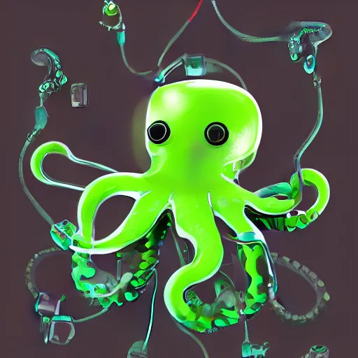 Image similar to an acqua green little octopus playing videogames, with various joypads in his tentacles, he is wearing a pair of headphones, black background, digital drawing, photoshop, high definition, good shading, artstation contest winner, octane render