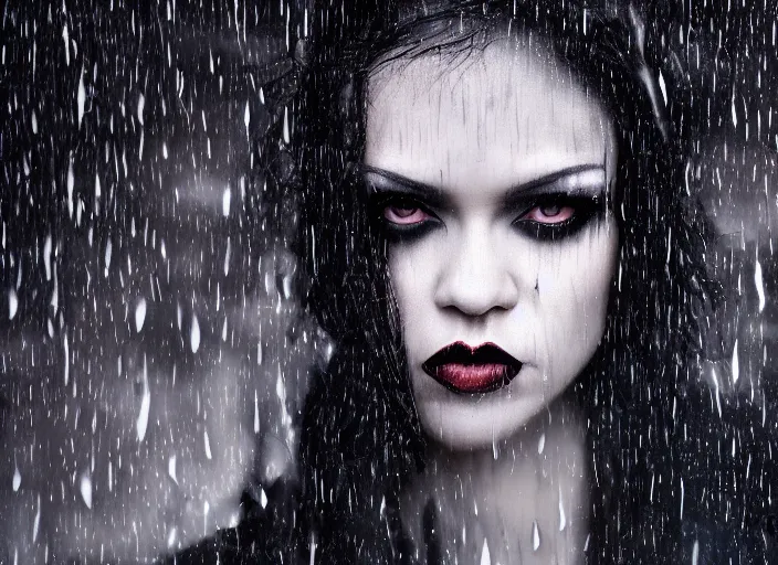 Prompt: closeup portrait of emo vampire goth rihanna standing in the rain in a dark cyberpunk city, heavy make - up running down face, neon reflections in the puddles, portra 4 0 0 candid photograph portrait by annie leibovitz, 3 5 mm macro shot, f / 3 2, hyperrealistic, cinematic lighting, hd wallpaper, 8 k, 4 k