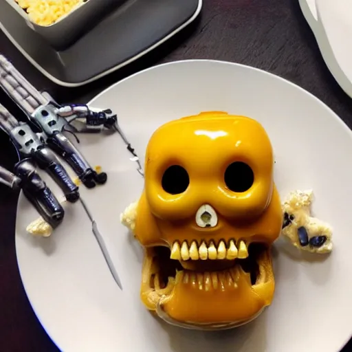 Prompt: sci-fi macaroni and cheese serviced out of a cyborg robot skull. photograph.