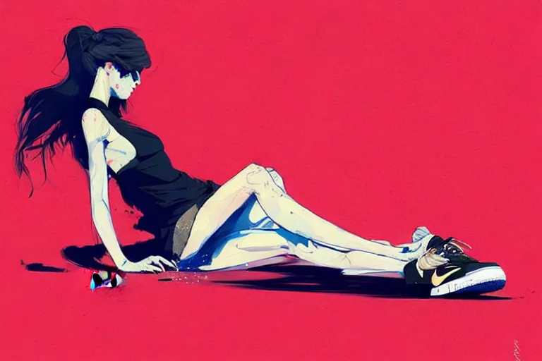 Prompt: a ultradetailed painting of a stylish woman laying on the ground, she is wearing nike air force 1 sneakers, by conrad roset and greg rutkowski, trending on artstation