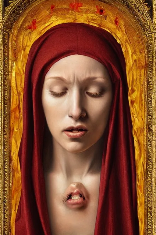 Prompt: hyperrealism portrait of crying virgin mary in golden crown, red tears, in style of classicism, hyper detailed