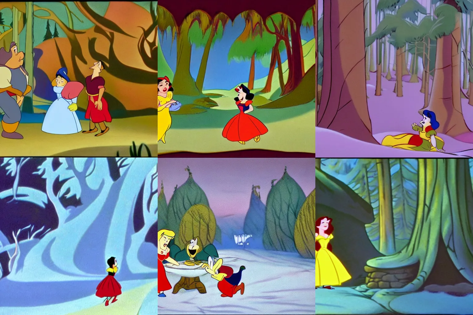 Prompt: Screenshot from the coloured Disney animated motion picture released in 1937 Snow White and the Seven Dwarfs, directed by Marc Davis and Clyde Geronimi, beautiful enchanted forest full of