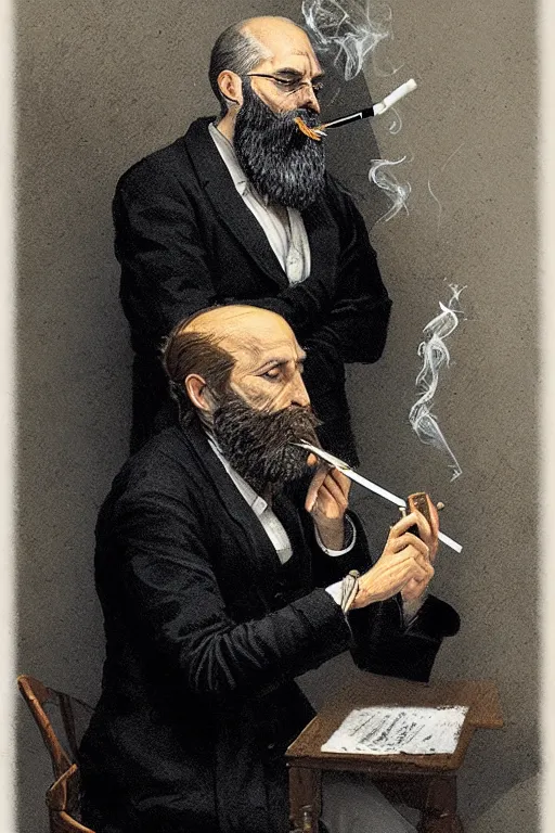 Image similar to portrait of a middle - aged writer with a beard, he is smoking a cigarette, style of greg rutkowski