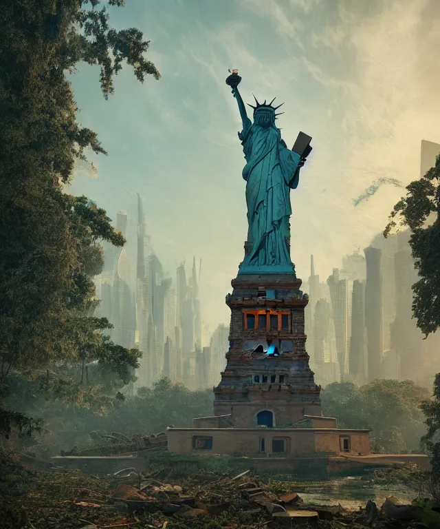 Image similar to highly detailed digital matte painting of an overgrown, abandoned, damaged Lady of Liberty, taken back by nature Full shot. By Raphael LaCoste and Ruan Jia and Robert McCall, postcyberpunk, geodesic dome, hyperdetailed, sunrise, wide shot, autochrome, octane render