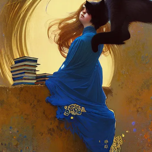 Image similar to A girl in a blue dress standing over a pile of books with golden locks down her back and a black cat at her feet, face, fantasy, intricate, elegant, highly detailed, digital painting, artstation, concept art, smooth, sharp focus, illustration, art by Krenz Cushart and Artem Demura and alphonse mucha