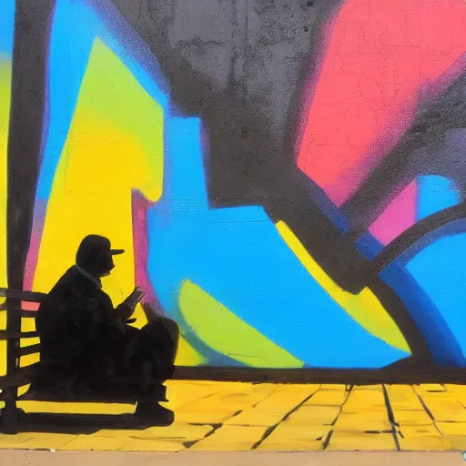 Image similar to oil on canvas, modern street art, a man sitting on a bench looking at the sunset, abstract