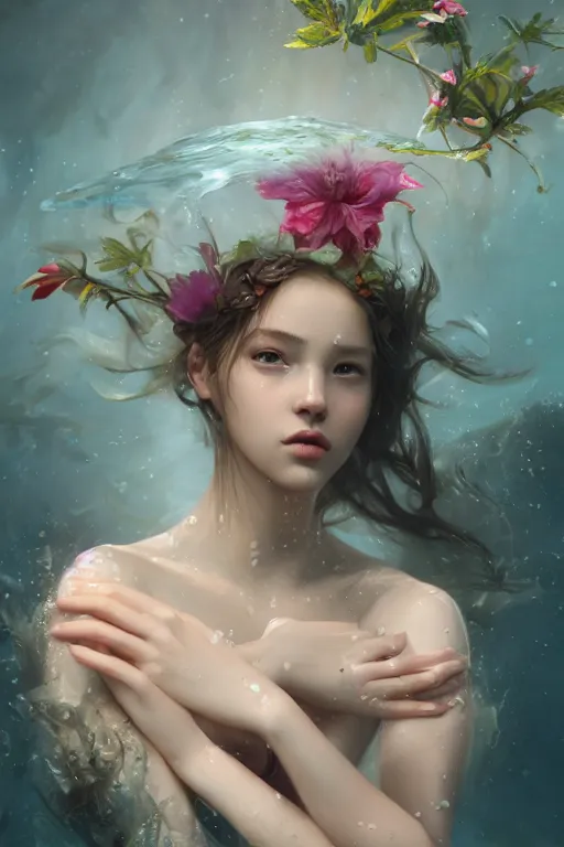 Image similar to face closeup a young beautiful girl drowned in water, underwater photography, nymph, siren, 3 d render, hyper realistic detailed portrait, holding magic flowers, ruan jia, wlop. scifi, fantasy, hyper detailed, octane render, concept art, by peter mohrbacher, by wlop, by ruan jia