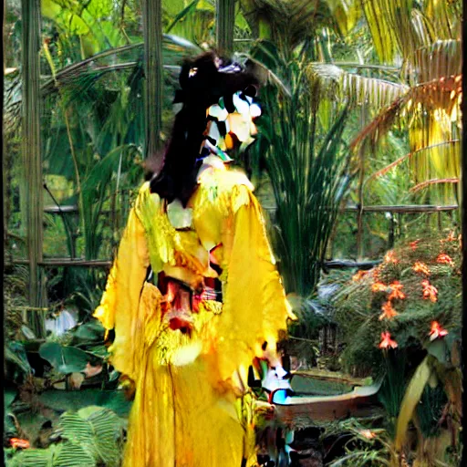 Image similar to photograph of an young woman wearing a yellow kimono in a tropical greenhouse, by james gurney, by john william waterhouse, Extremely detailed. 4K. 35mm lens