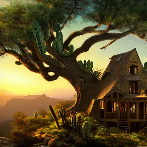 Prompt: fancy treehouse mansion built in a giant cactus on top of plateau with amazing view of sunrise over the grand canyon detailed luminescent oil painting 4 k