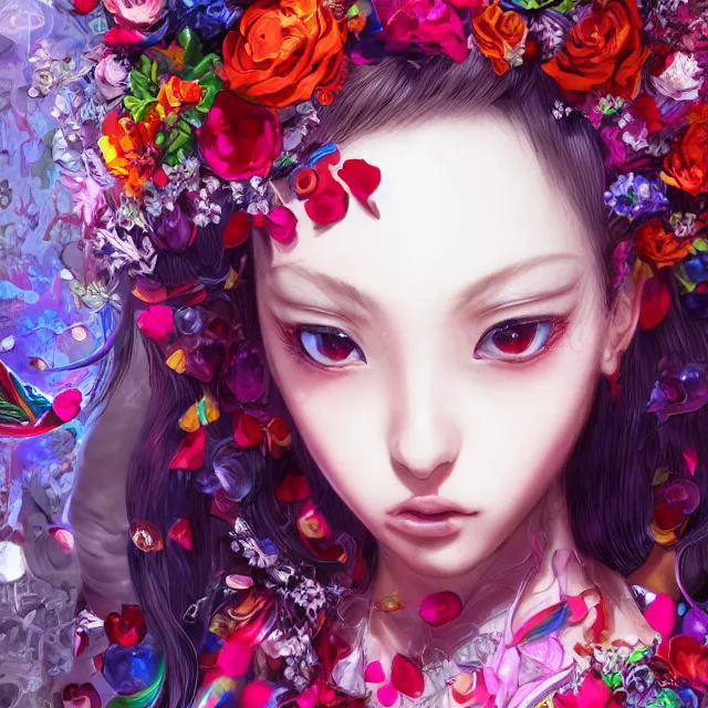 Prompt: studio portrait absurdly beautiful, elegant, graceful, young hypercolorful sensual anime girl rubies red petals gems, ultrafine hyperrealistic detailed face illustration by kim jung gi, irakli nadar, intricate linework, sharp focus, bright colors, matte, octopath traveler, final fantasy, unreal engine highly rendered, global illumination, radiant light, intricate rainbow environment