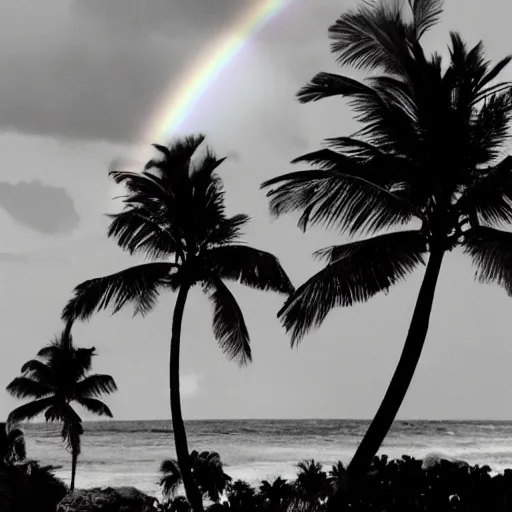 Image similar to miracle musical Hawaii part ii album cover, showing an ocean in the background, spiral transparent stairs on the left with tall palm trees behind it, a slight rainbow in the background, white outline border, moon in the right top area black and white except for the rainbow album cover