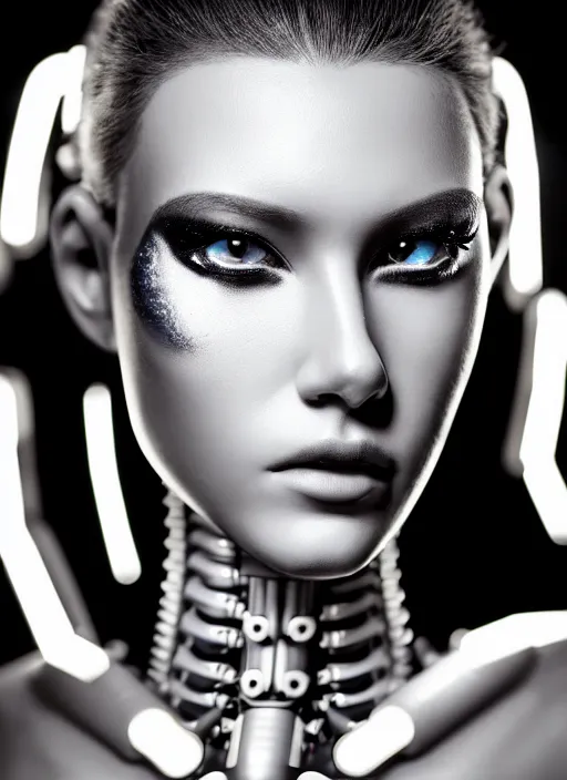 Image similar to a stunning young female cyborg profile face, face is made intricate tribal bio - mechanical, bw, unreal engine, glamor shot, nikon d 7 5 0, closeup, f / 2. 8, low contrast, 1 6 k, rim lighting, optical fiber, cinematic lighting, insanely detailed and intricate, hypermaximalist, elegant, ornate, hyper realistic,