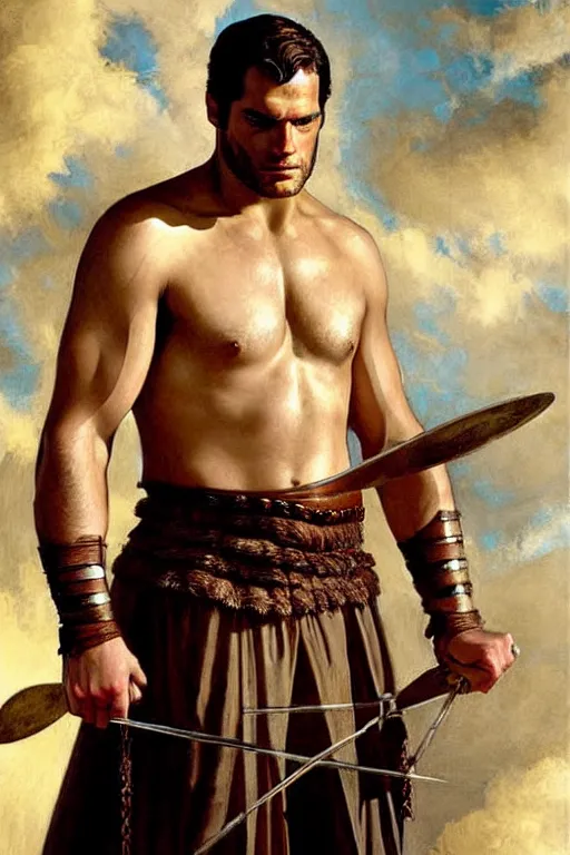 Prompt: henry cavill as gladiator, short hair, painting by j. c. leyendecker