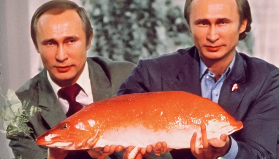 Image similar to 7 0 s movie still of putin in teleshopping show, proudly holding a salmon. cinestill 8 0 0 t _ 3 5 mm eastmancolor, heavy grain, high quality, high detail