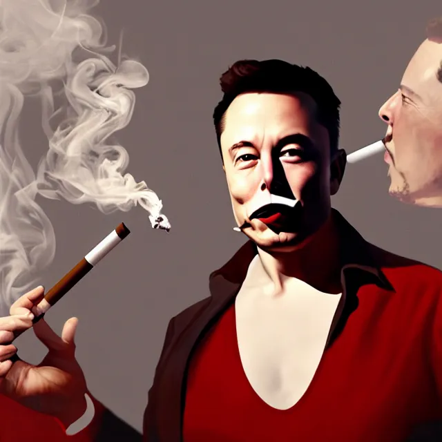 Prompt: tesla and elon musk smoking ciggar, tesla, elon musk, smoking, ciggar, studio, photorealistic, detailed, left side, right side
