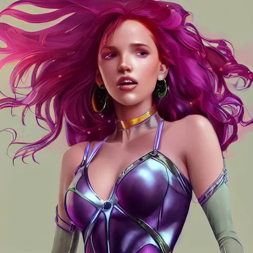 Image similar to ultra realistic illustration, bella thorne as starfire anime, intricate, elegant, highly detailed, digital painting, artstation, concept art, smooth, sharp focus, illustration, art by artgerm and greg rutkowski and alphonse mucha