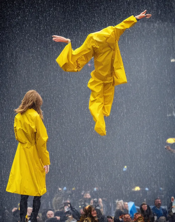 Image similar to yellow zara raincoat flying hanging mid - air on a rainy wet stage designed by james terrell