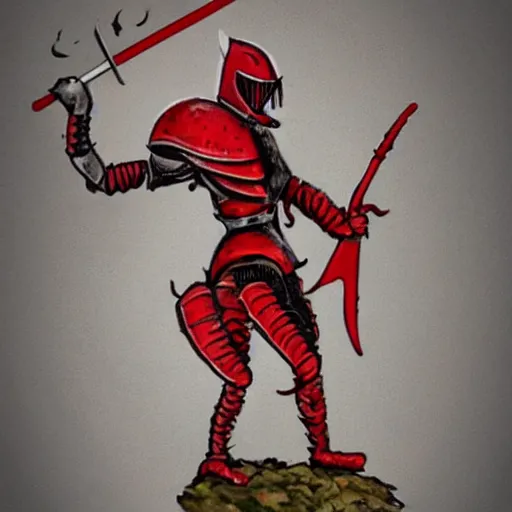 Image similar to Lobster Knight with a claw arm and a human arm holding a sword