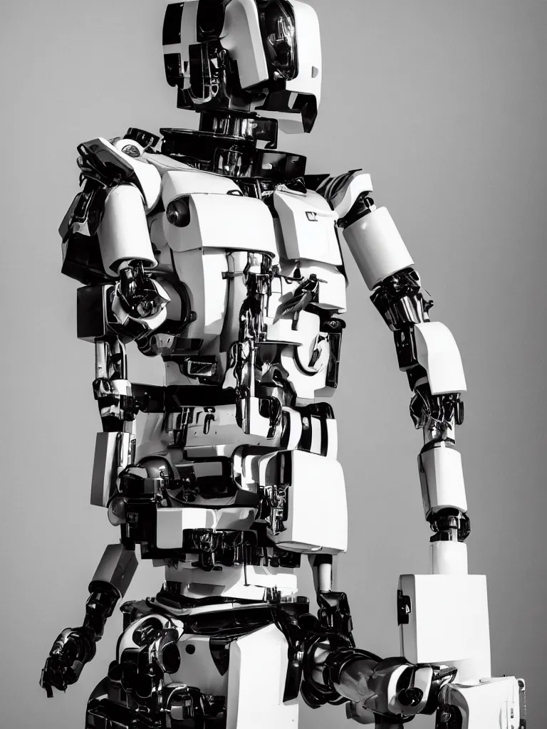 Image similar to “A perfectly centered beautiful 90mm black and white portrait photo of a retro-futuristic robot in Los Angeles, medium format photography, shallow depth of field”