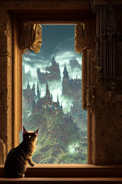 Image similar to humanoid cat looking out a castle window at his kingdom while a court jester waves at him, intricate detailed environment, photorealistic!, octane render, mechanical, concept art, cinematic lighting, digital art, interstellar, hyper realism, sharp, cyberpunk, 8 k, de dia los muertos. by angus mckie, moebius, maciej kuciara