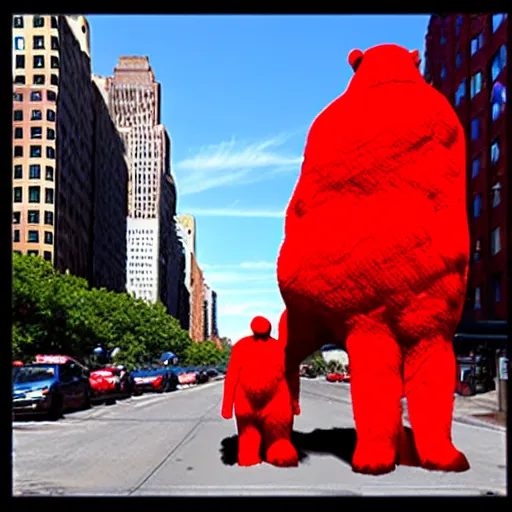 Image similar to large red bear on a street in new york city in the style of yves tanguy