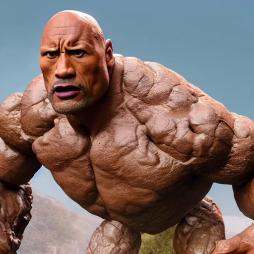 Image similar to dwayne johnson is a boulder rock made of stone, the thing from fantastic 4, octane render, 8 k cinematic still, highly detailed, sculpted in zbrush, textured in substance painter, featured on artstation