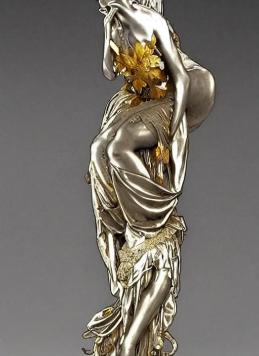 Image similar to Goth girl, fractal silver and gold sculpture by Alphonse Mucha