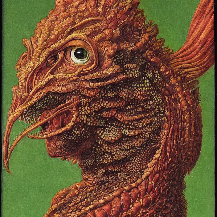 Image similar to close up portrait of an mutant monster creature with proud, reptilian allure, iridescent scales, dovish feathers, diaphanous fungic protuberances. jan van eyck, audubon