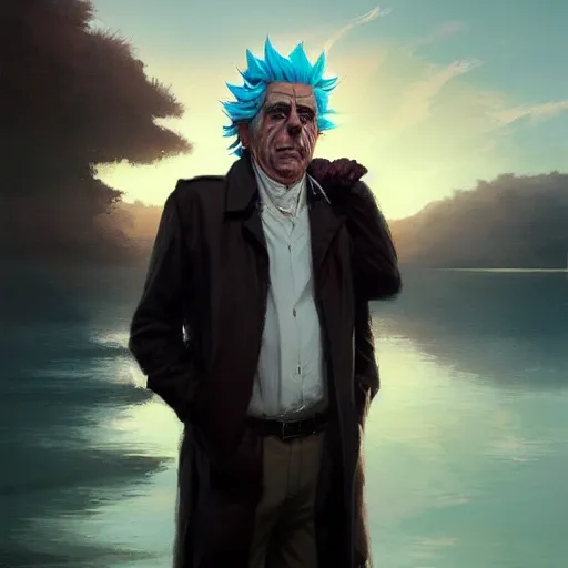 Image similar to rick sanchez portrait, dramatic light, lake background, 2 0 0 mm focal length, painted by stanley lau, painted by greg rutkowski, painted by stanley artgerm, digital art, trending on artstation