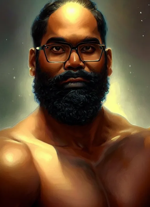 Image similar to portrait of romesh ranganathan, d & d, muscular! fantasy, intricate, elegant, highly detailed, digital painting, artstation, concept art, smooth, sharp focus, illustration, art by artgerm and greg rutkowski and alphonse mucha