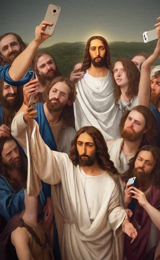 Prompt: jesus christ taking a selfie with his fans on the day he was crucified, portrait, full shot, rim light, photography,