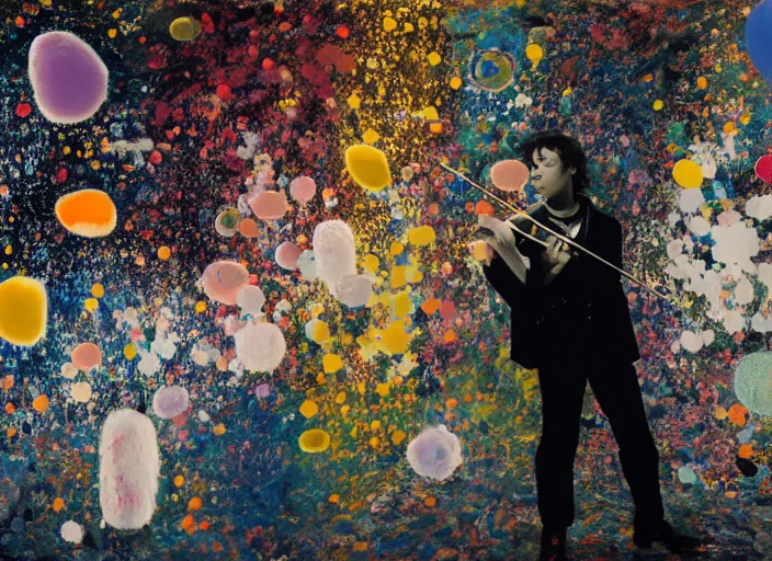 Prompt: portrait of a young violinist focusing, violin flying, painted by vincent lefevre and hernan bas and pat steir and hilma af klint, psychological, symmetrical face, dripping paint, washy brush, background with hundreds of bubbles of violins by andreas gursky, rendered in octane, altermodern, masterpiece