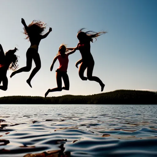 Image similar to girls jumping off a dock into lake silhouette