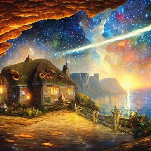 Image similar to cottage in the stars, cliffs of galaxies cryengine render by android jones, james christensen, rob gonsalves, leonid afremov and tim white