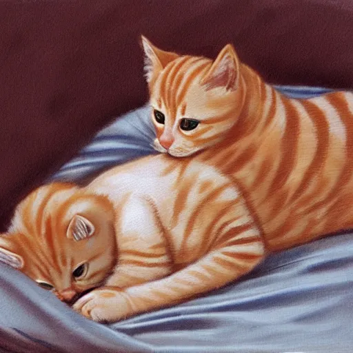 Prompt: an orange tabby kitten and a girl with curly blonde hair cuddling on a bed, photorealistic