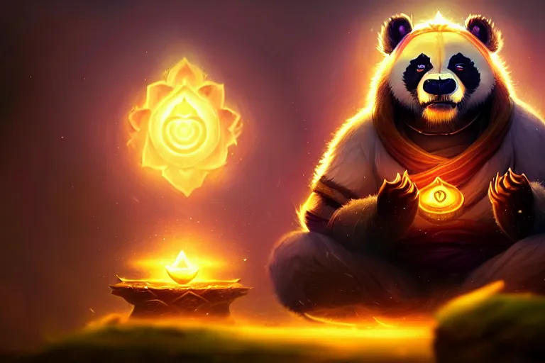 Image similar to [ important ] amazing portrait of a pandaren meditating [ / important ], hearthstone splash art, deiv calviz, splash art, natural light, elegant, intricate, fantasy, atmospheric lighting, by greg rutkowski, hearthstone splash art, hd wallpaper, ultra high details, cinematic composition