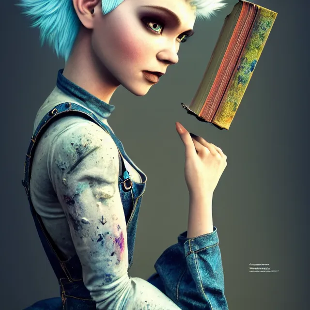 Image similar to full body pose, beautiful adult fairy, pixar, short white hair shaved sides, dirty, grungy, grunge, long sleeve, painted overalls, stacks of giant books, highly detailed, 4 k, hdr, smooth, sharp focus, high resolution, award - winning photo, artgerm, photorealistic