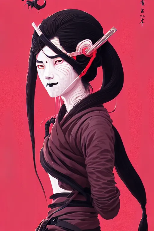 Image similar to highly detailed portrait of long ponytail black hair ninja mask female, stray wiring by atey ghailan, james gilleard, by joe fenton, by greg rutkowski, by greg tocchini, by kaethe butcher, 4 k resolution, gradient red, magenta, black and white color scheme!!! ( ( snowy ancient japan village and tokyo tower background ) )
