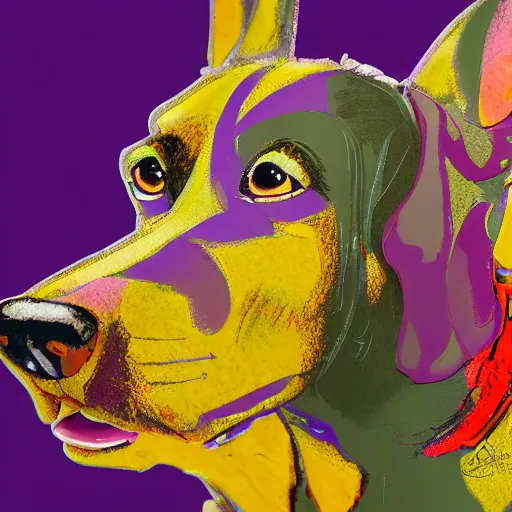 Image similar to an anamorphic of purple dog, in the style of disney, mixed media collage, highly detailed, 8k resolution