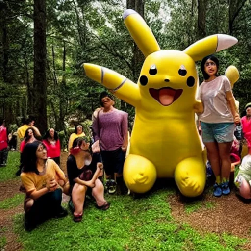 Image similar to photo of a group of people worshipping a giant pikachu in a forest