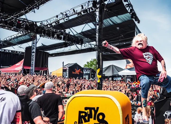 Image similar to photo still of rip taylor at vans warped tour!!!!!!!! at age 6 3 years old 6 3 years of age!!!!!!! stage diving at a crowd, 8 k, 8 5 mm f 1. 8, studio lighting, rim light, right side key light