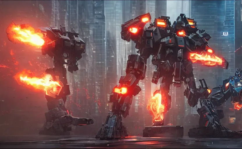 Image similar to an epic fight between two gigantic weaponized mechs in the middle of a futuristic new york city, futuristic, epic, cinematic, raytracing, cyberpunk, 4 k, destructive, awesome, stunning