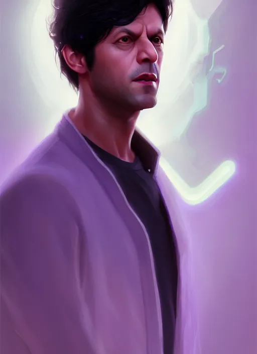 Prompt: portrait of imran khan, purple clothes, white bangs, two color hair, black hair and white bangs, intricate, elegant, glowing lights, highly detailed, digital painting, artstation, concept art, smooth, sharp focus, illustration, art by wlop, mars ravelo and greg rutkowski