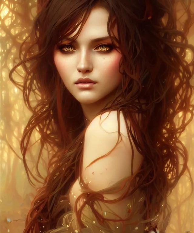 Image similar to Forest nymph woman portrait, amber eyes, face, long hair, fantasy, intricate, elegant, highly detailed, digital painting, artstation, concept art, smooth, sharp focus, illustration, art by artgerm and greg rutkowski and alphonse mucha