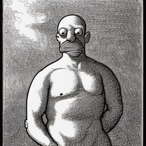 Prompt: Homer Simpson by Gustave Doré