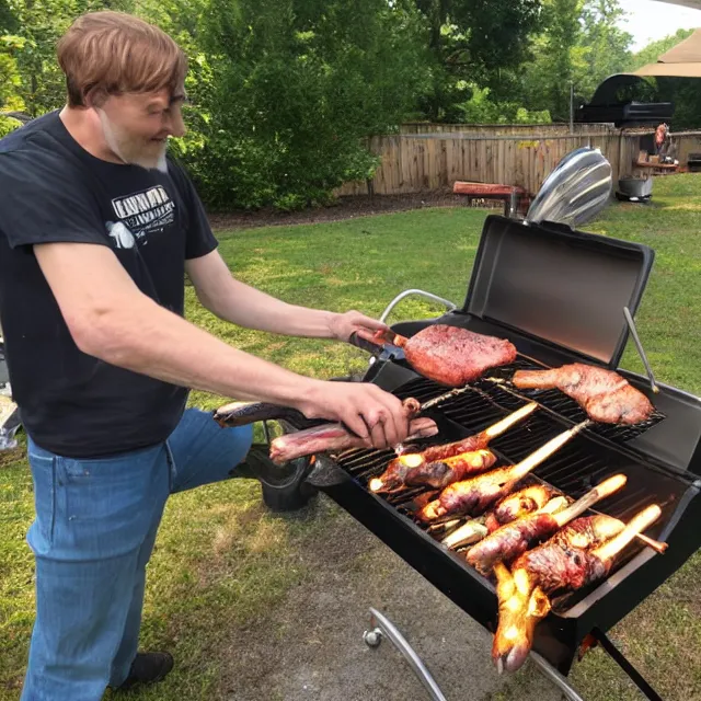 Image similar to a photograph of jerma 9 8 5 having a barbecue