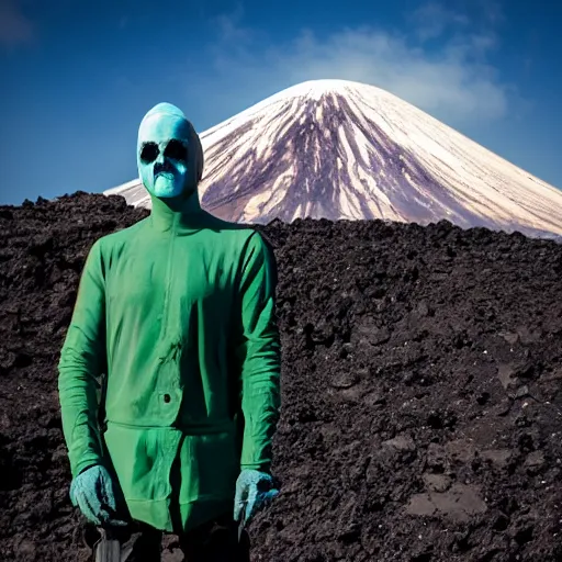 Prompt: mr freeze standing near a volcano, photography,