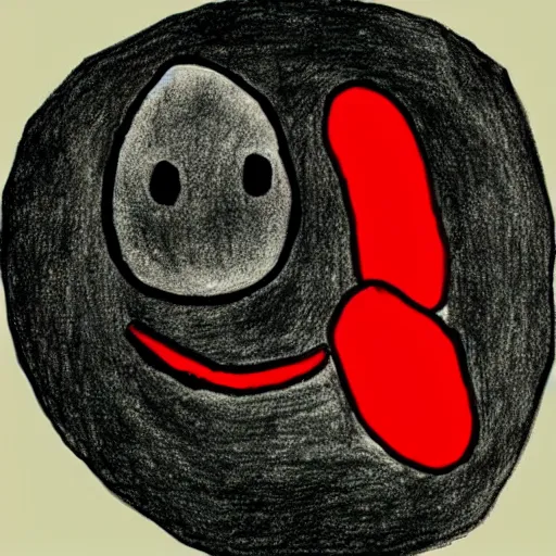 Image similar to primitive drawing of smiling circle face with red eyes thumb up. Сhild drawing picture