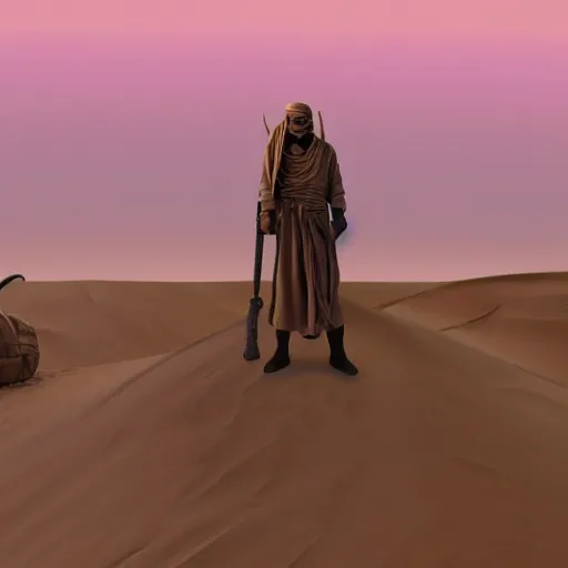 Prompt: man wearing tan turban in the desert Tusken Raider Dune (2021) Witch-king of Angmar. Desert twilight purple sunset beautiful art by Roger Deakins Jeremy Saulnier Newton Thomas Sigel Robert Elswit Greig Fraser trending rtx on ue5